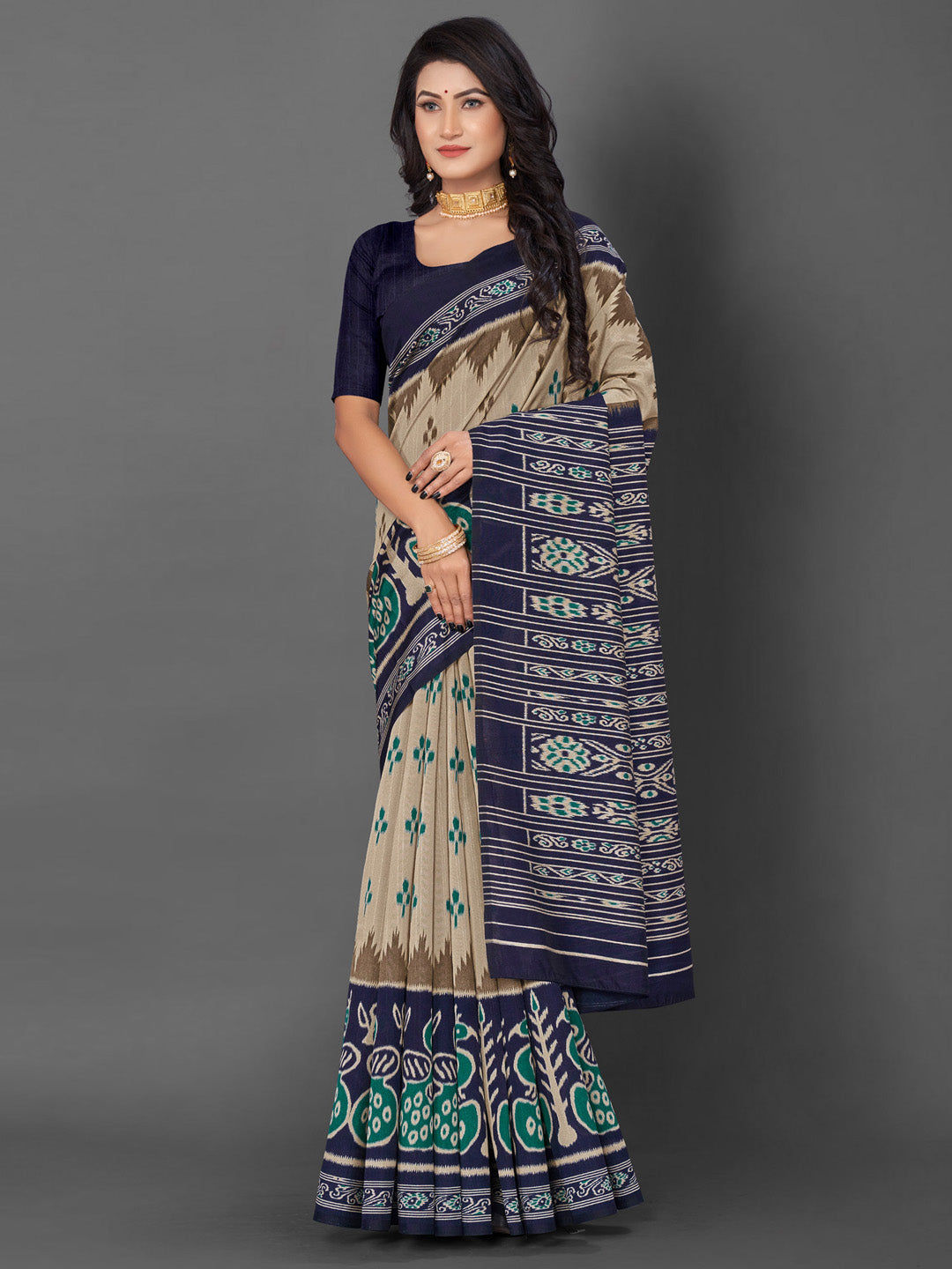 Bhagalpuri Silk Beige Printed Designer Saree With Blouse