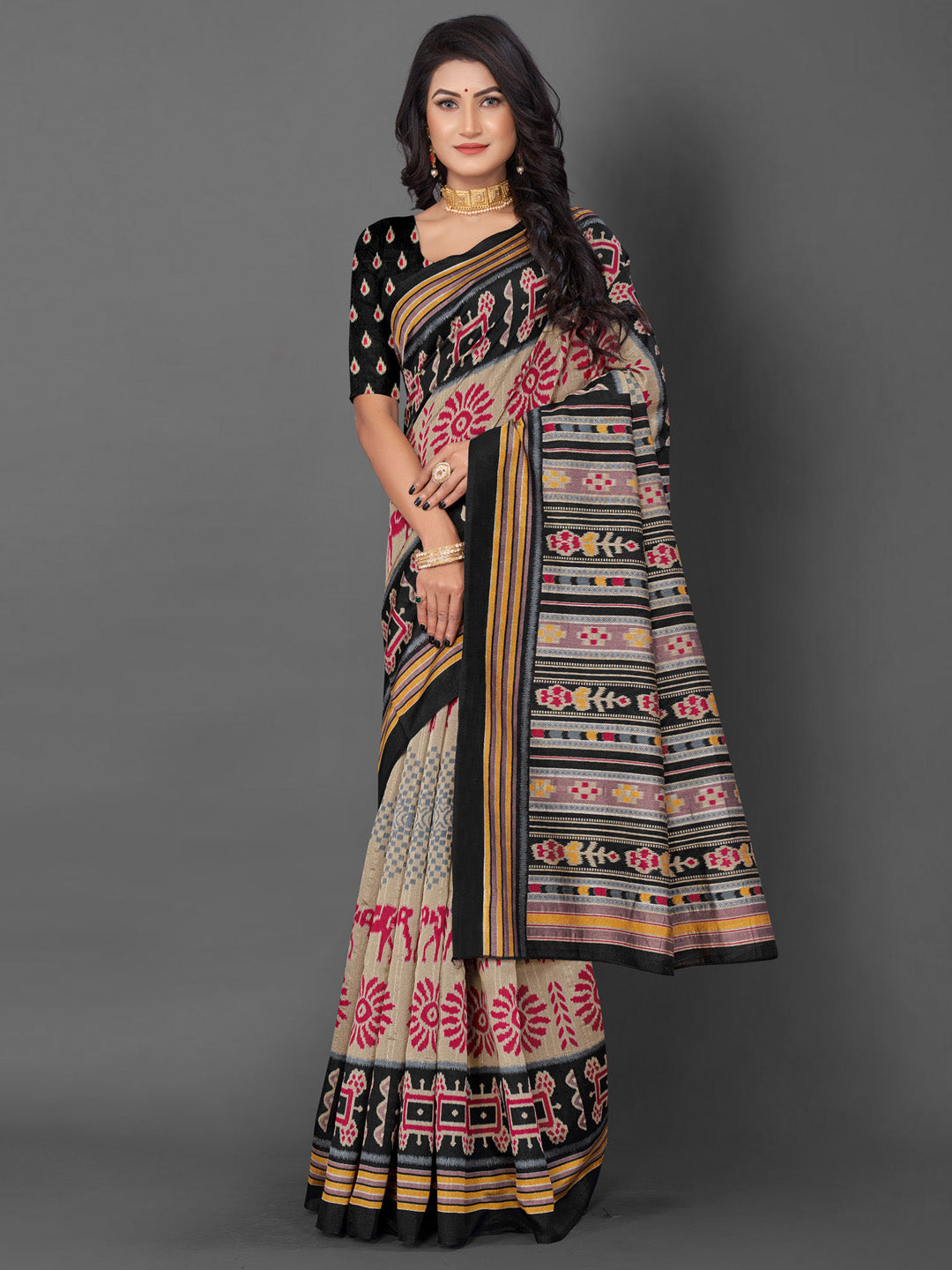 Bhagalpuri Silk Beige Printed Designer Saree With Blouse