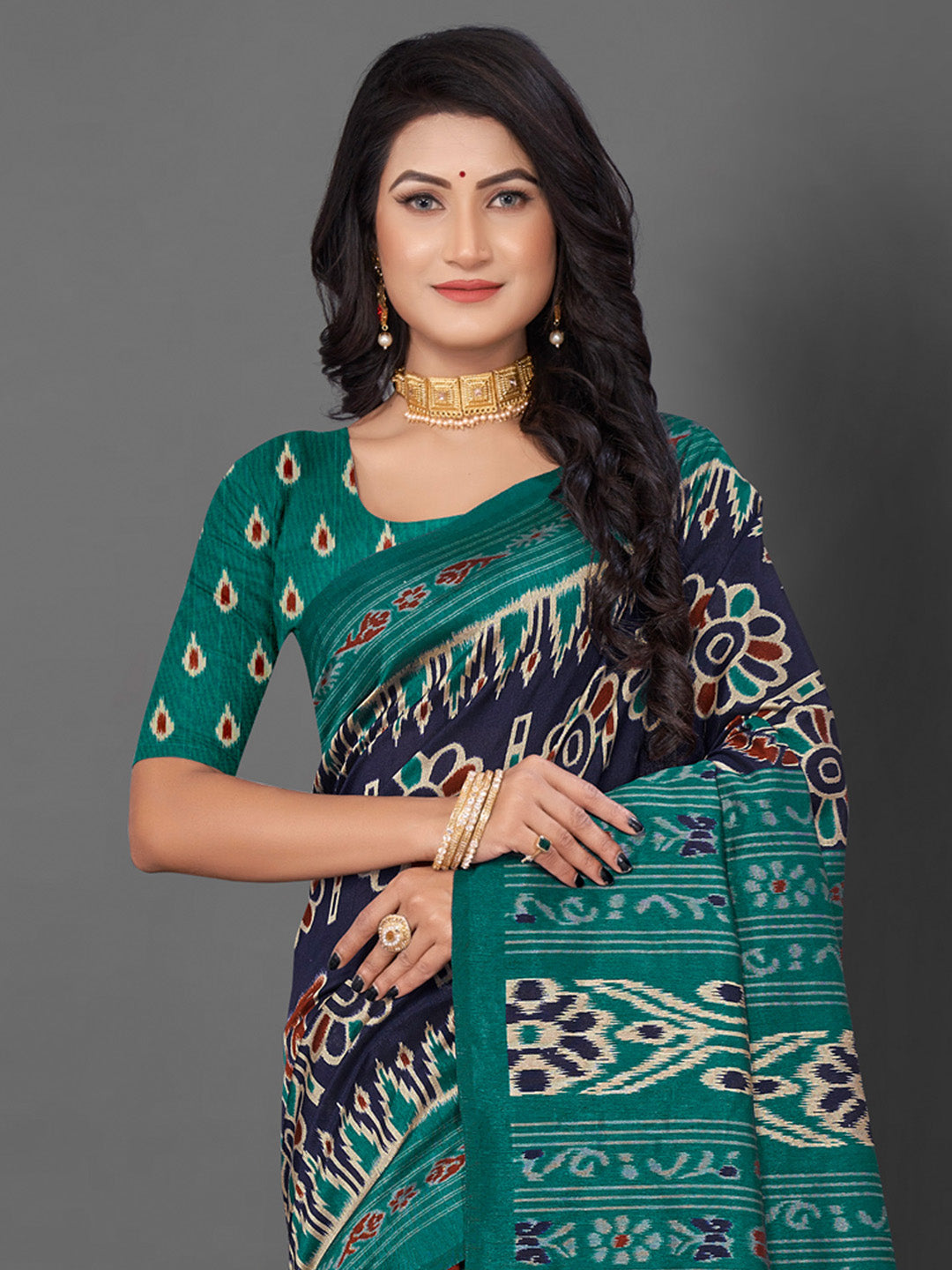 Bhagalpuri Silk Navy Blue Printed Designer Saree With Blouse