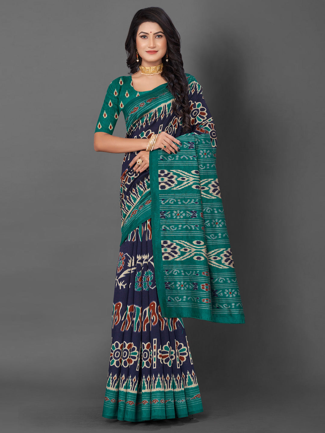 Bhagalpuri Silk Navy Blue Printed Designer Saree With Blouse