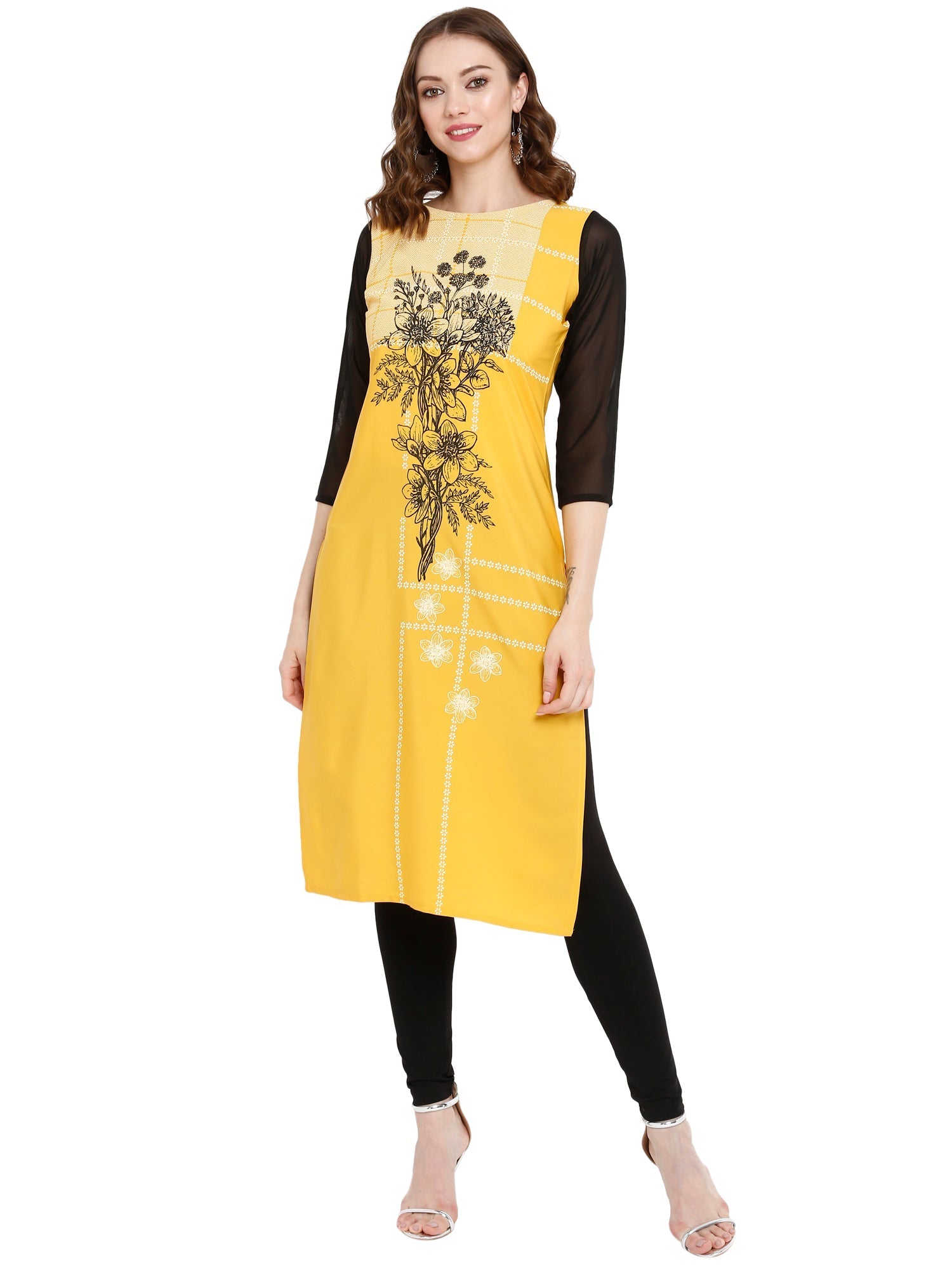 Yellow Floral Printed Straight Kurta