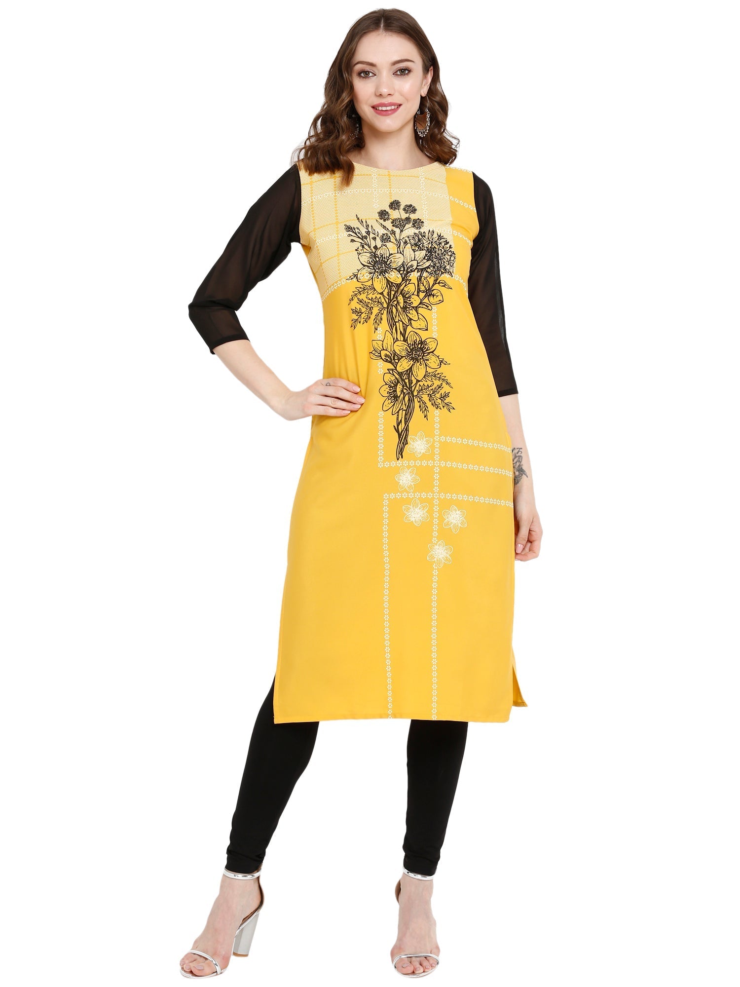 Yellow Floral Printed Straight Kurta