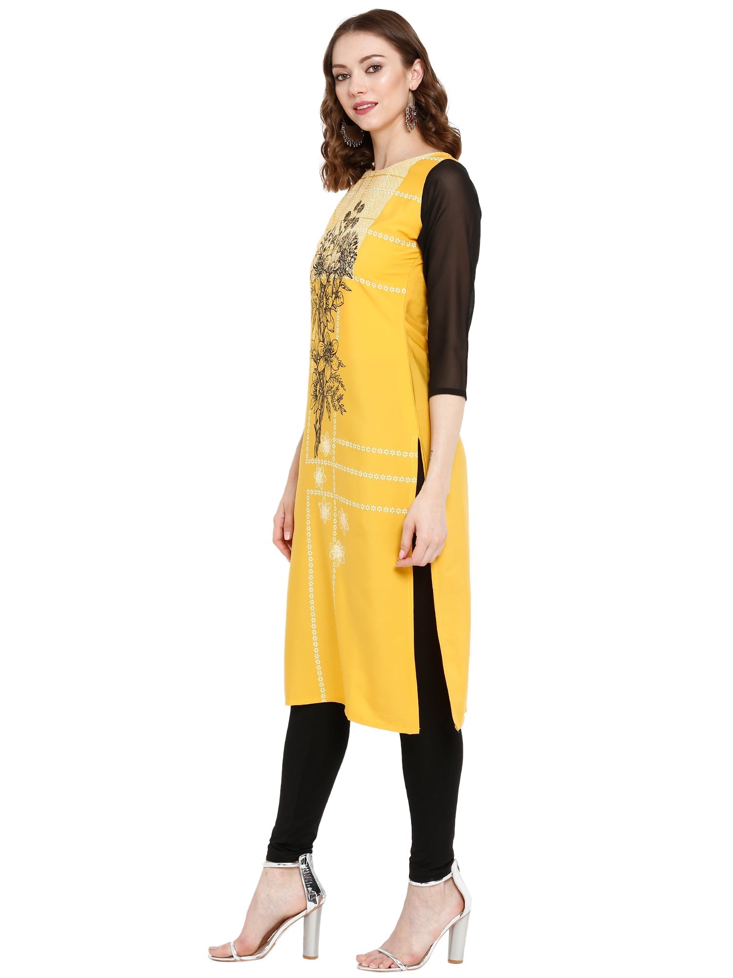 Yellow Floral Printed Straight Kurta