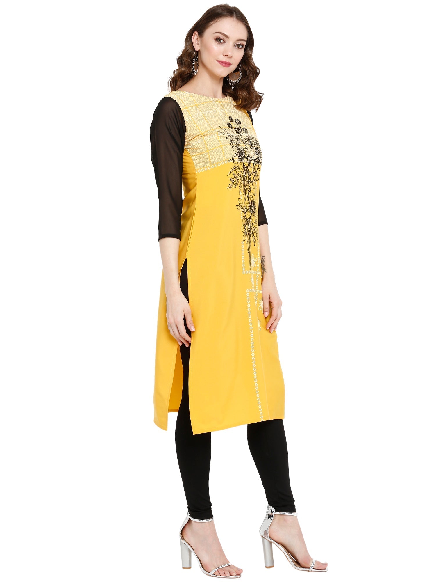 Yellow Floral Printed Straight Kurta