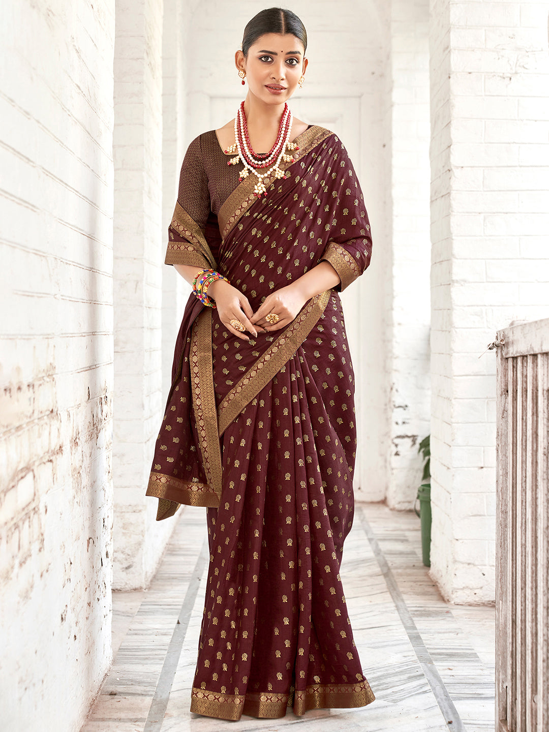Vichitra Silk Burgundy Embellished Designer Saree With Blouse