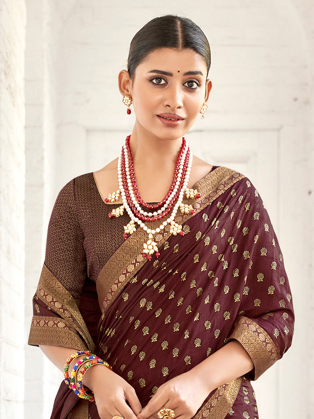 Vichitra Silk Burgundy Embellished Designer Saree With Blouse