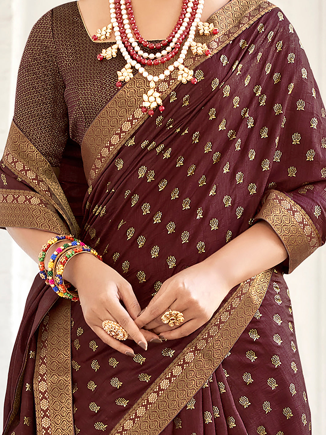 Vichitra Silk Burgundy Embellished Designer Saree With Blouse