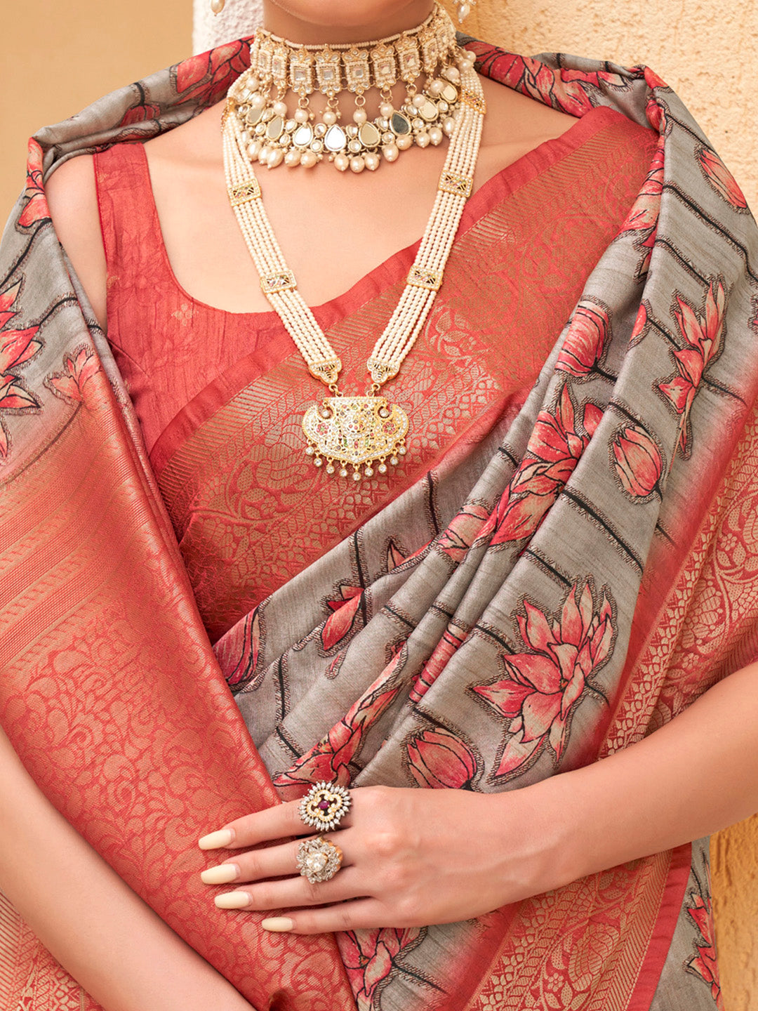 Tussar Silk Charcoal Grey Digital Print Designer Saree With Blouse