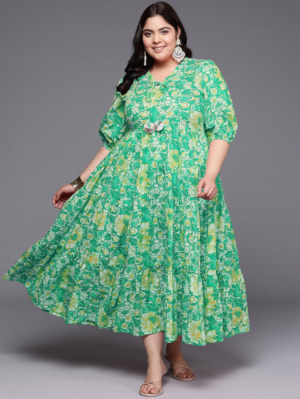 Printed 100% Cotton Layered Maxi Ethnic Dress-AH