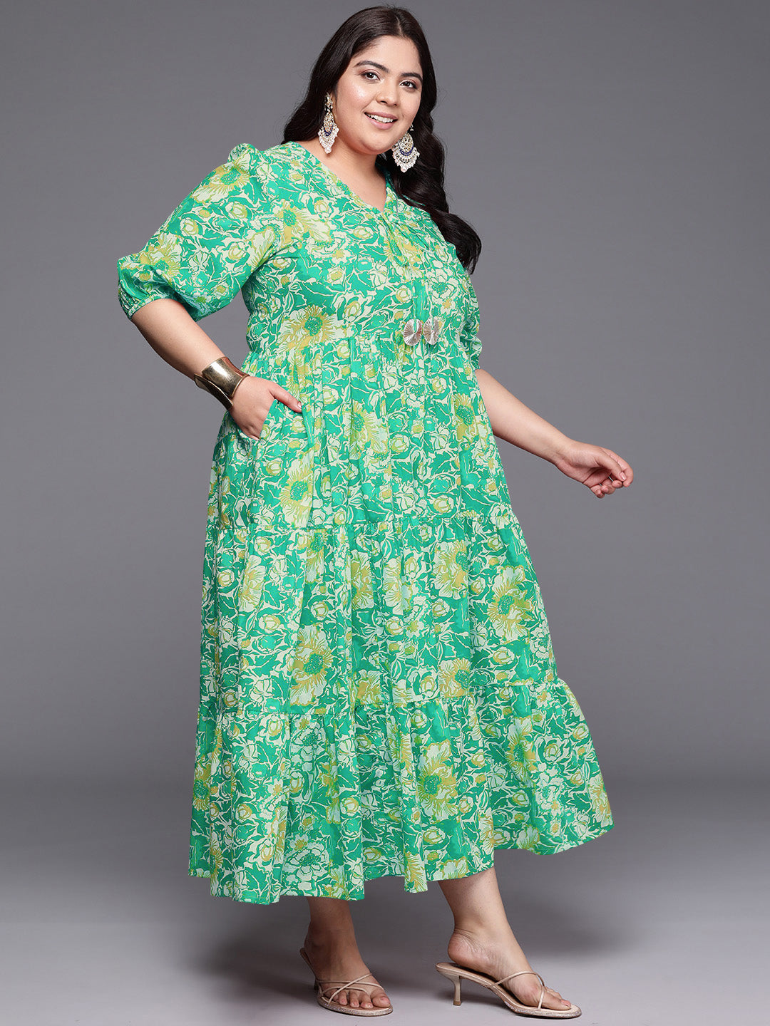 Printed 100% Cotton Layered Maxi Ethnic Dress-AH