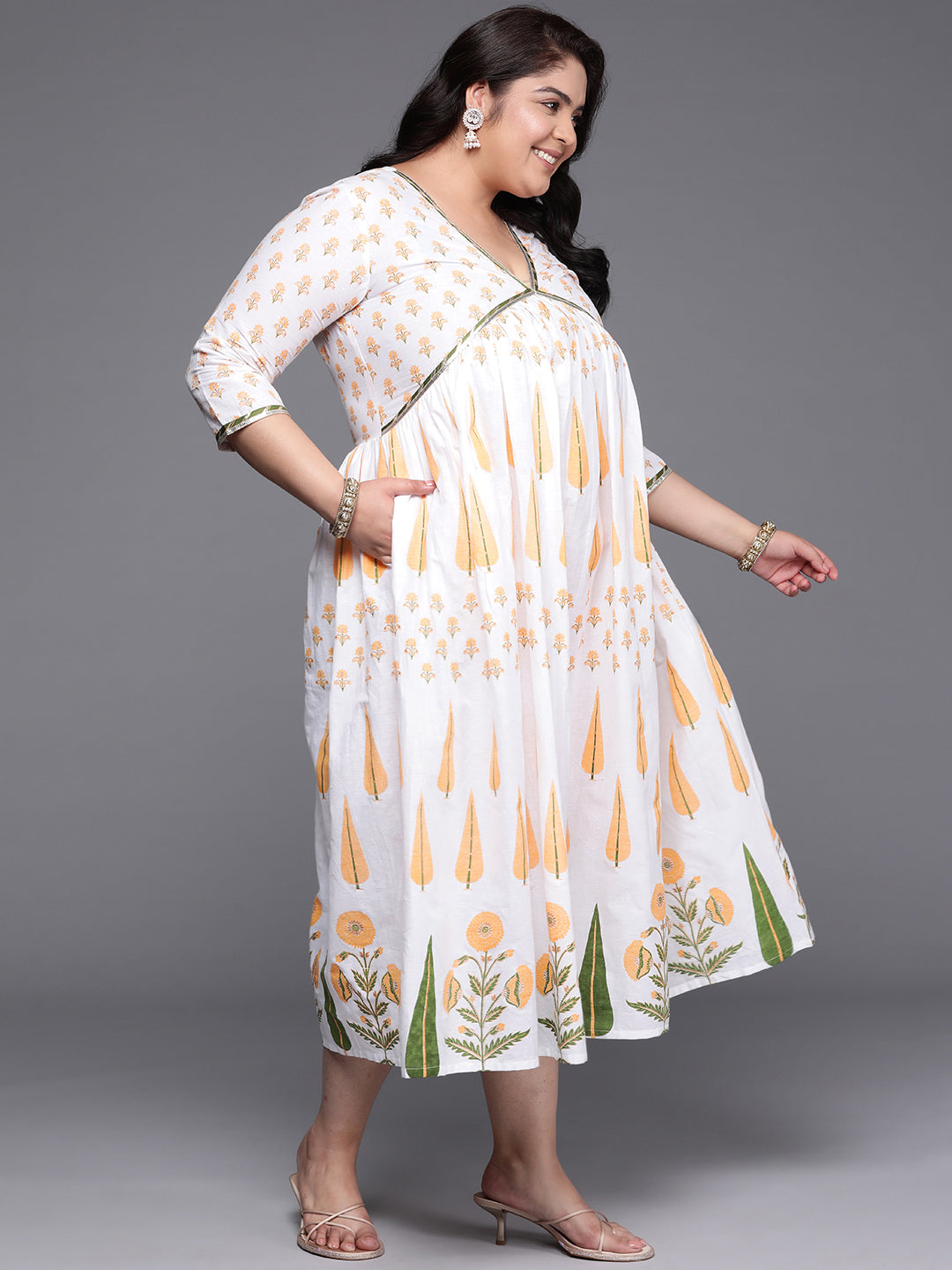 Plus Size Floral Printed Empire Midi Pure Cotton Ethnic Dress