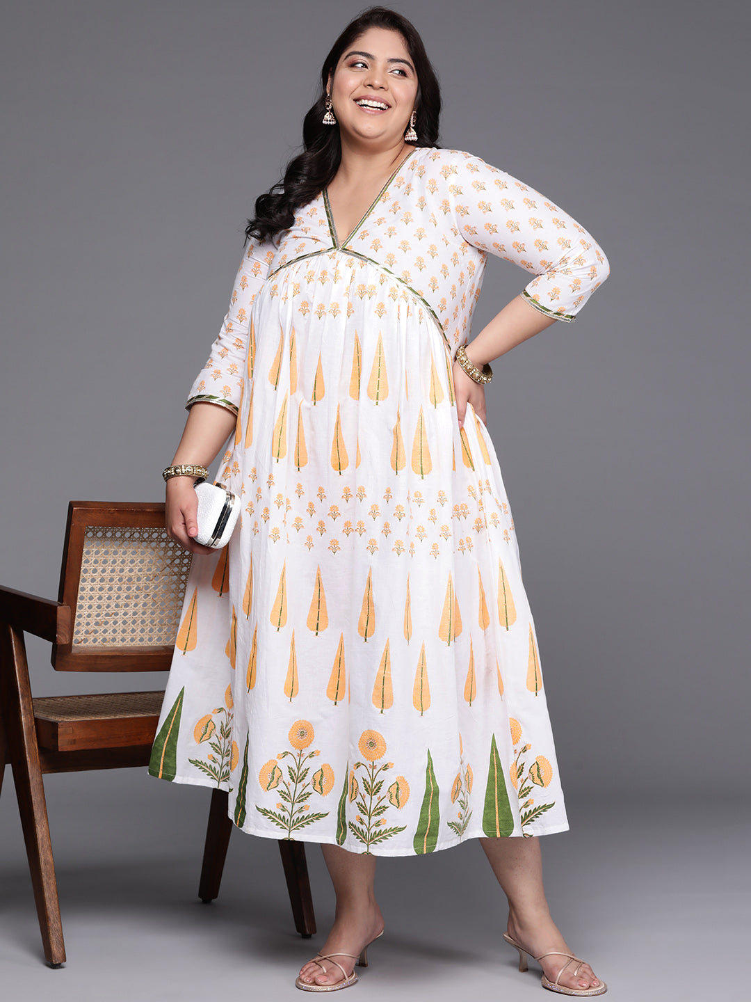 Plus Size Floral Printed Empire Midi Pure Cotton Ethnic Dress