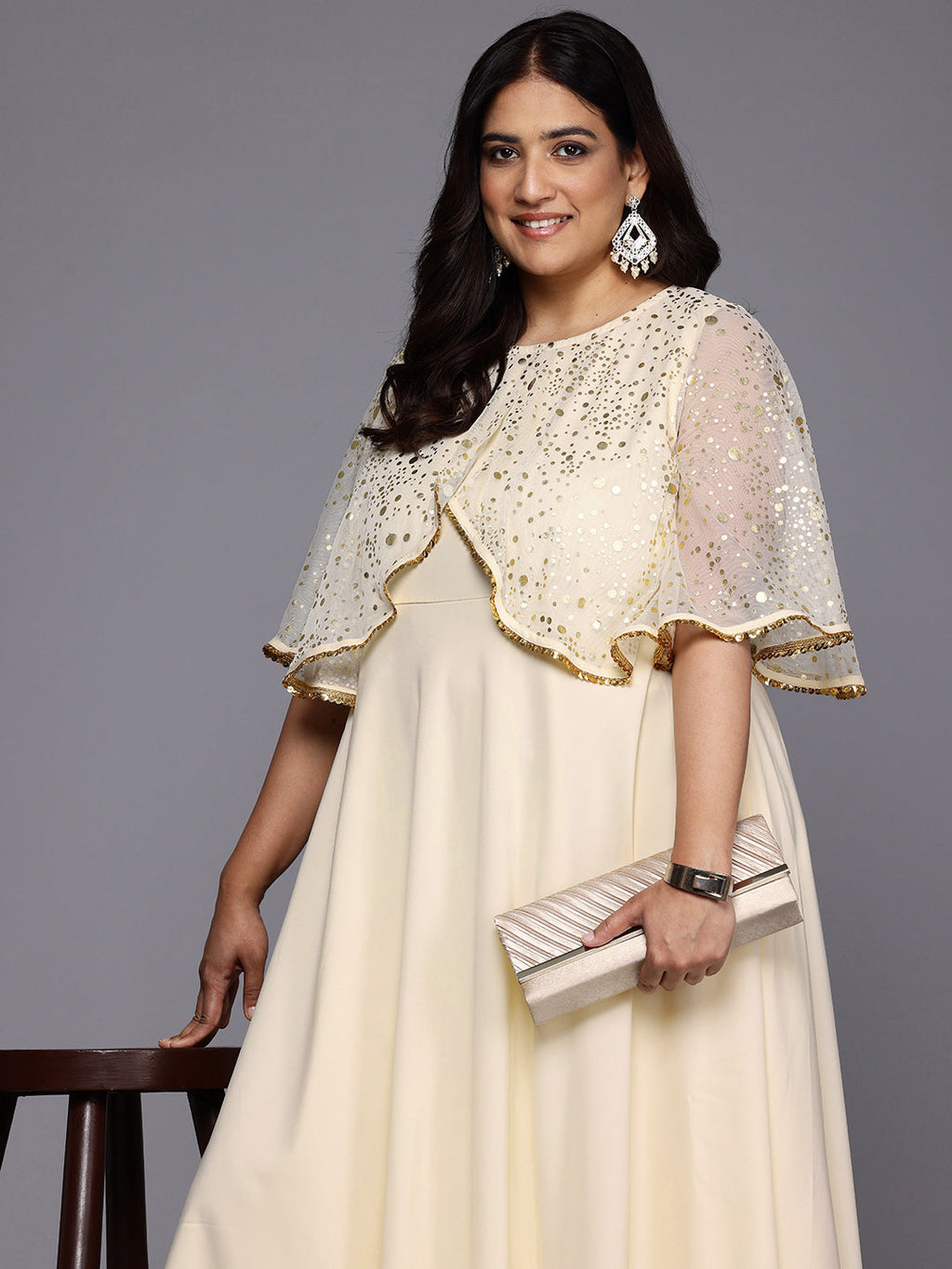 Plus Size Polka Dots Printed Cape Sleeves Maxi Ethnic Gown-AH