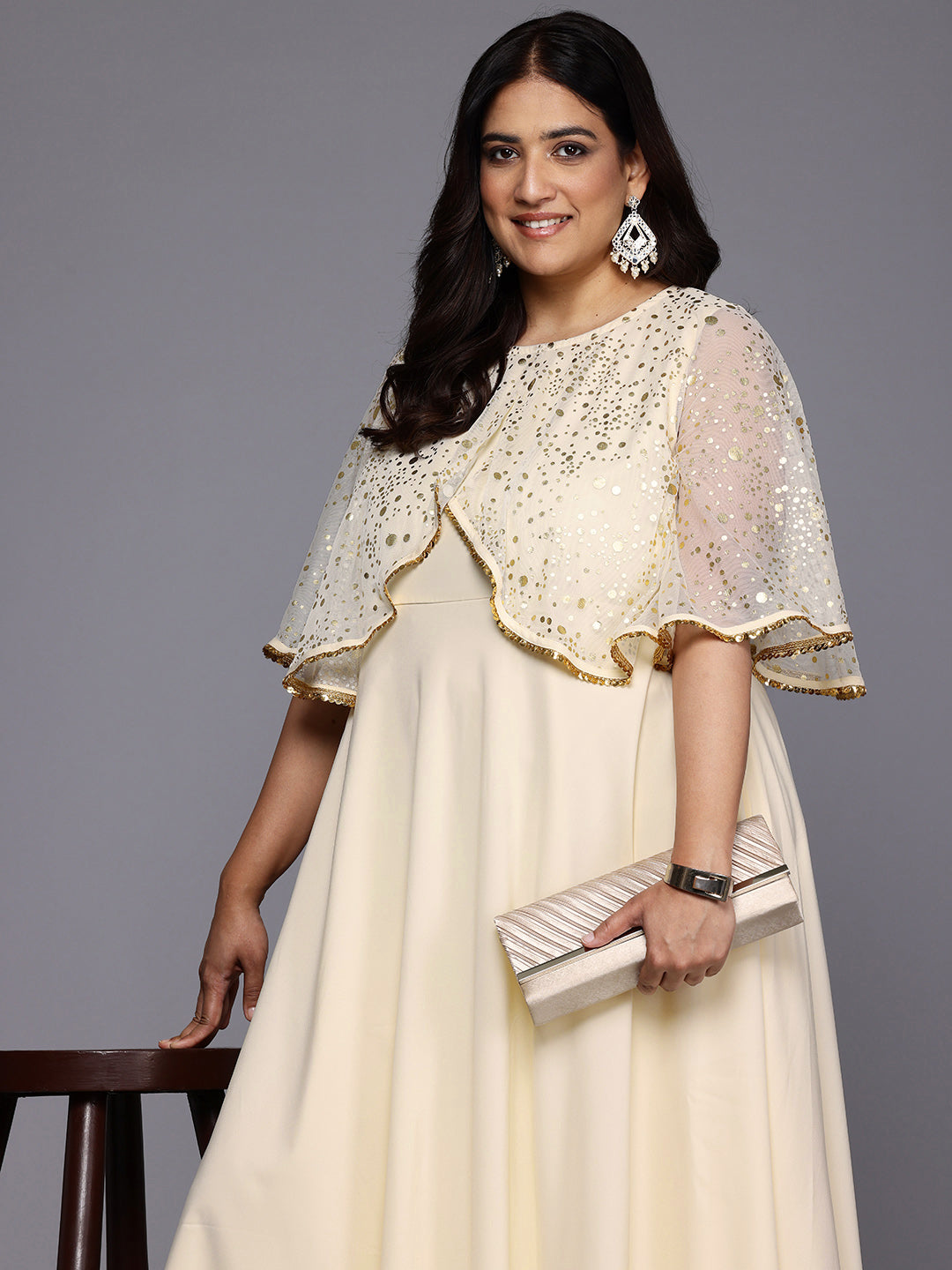 Plus Size Polka Dots Printed Cape Sleeves Maxi Ethnic Gown-AH