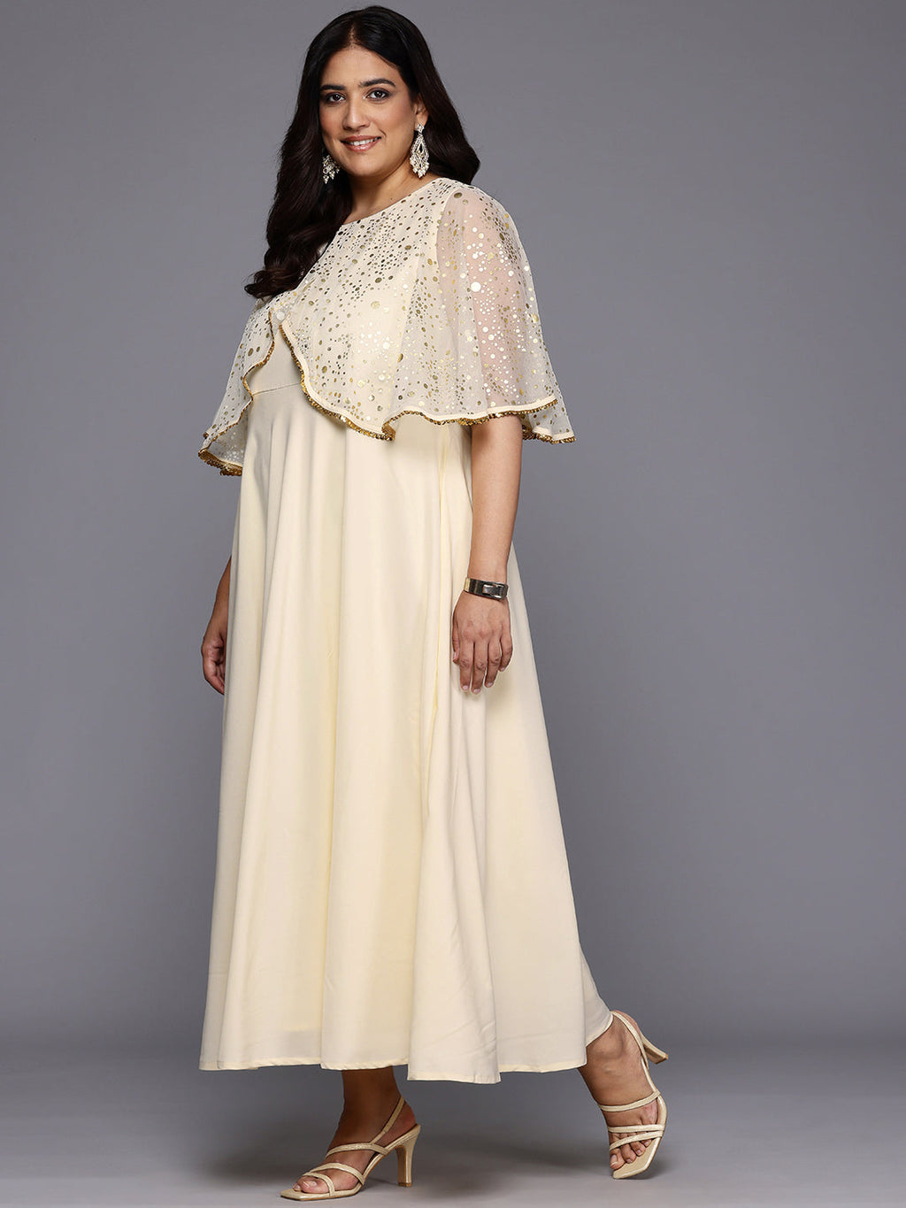 Plus Size Polka Dots Printed Cape Sleeves Maxi Ethnic Gown-AH