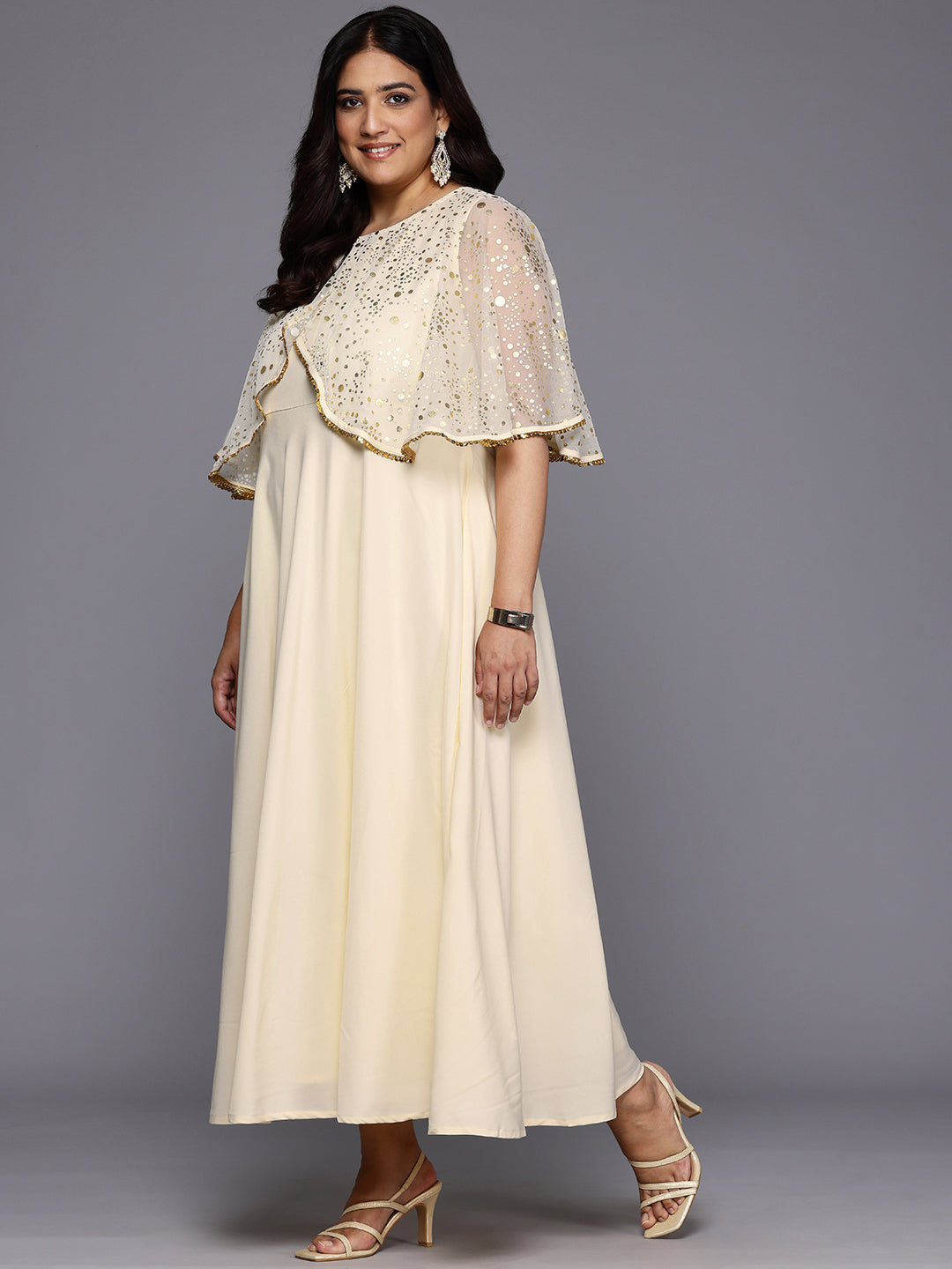 Plus Size Polka Dots Printed Cape Sleeves Maxi Ethnic Gown-AH