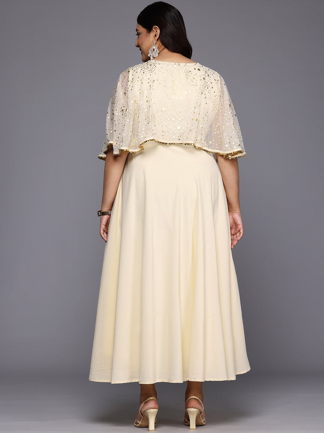 Plus Size Polka Dots Printed Cape Sleeves Maxi Ethnic Gown-AH