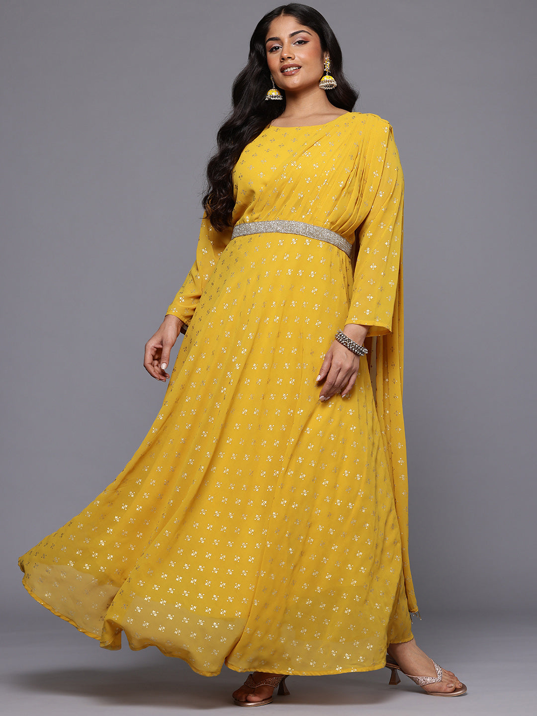 A PLUS BY AHALYAA Plus Size Ethnic Printed Maxi Ethnic Gown With Embellished Detail-AH