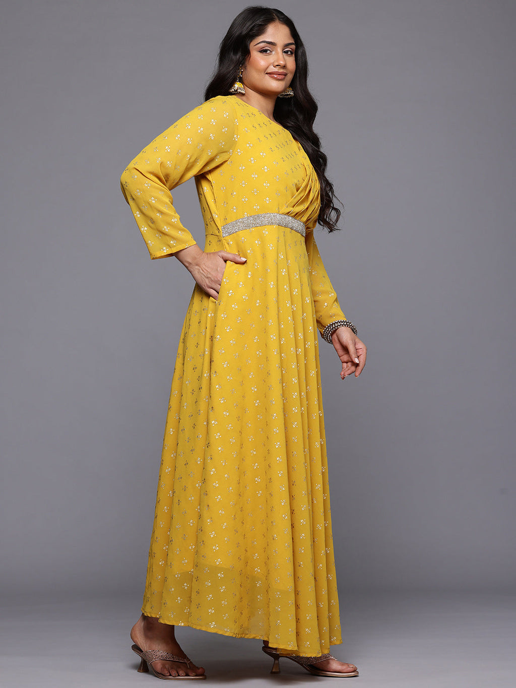 A PLUS BY AHALYAA Plus Size Ethnic Printed Maxi Ethnic Gown With Embellished Detail-AH