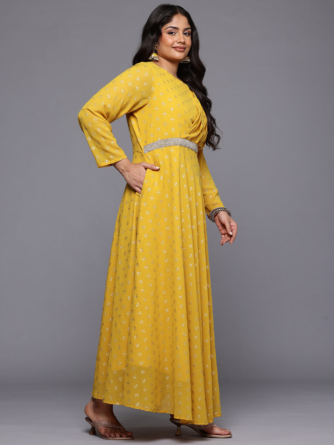 A PLUS BY AHALYAA Plus Size Ethnic Printed Maxi Ethnic Gown With Embellished Detail-AH