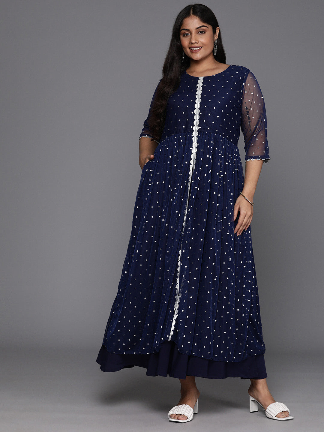 Plus Size Polka Dots Print A-Line Maxi Ethnic Dress-AH