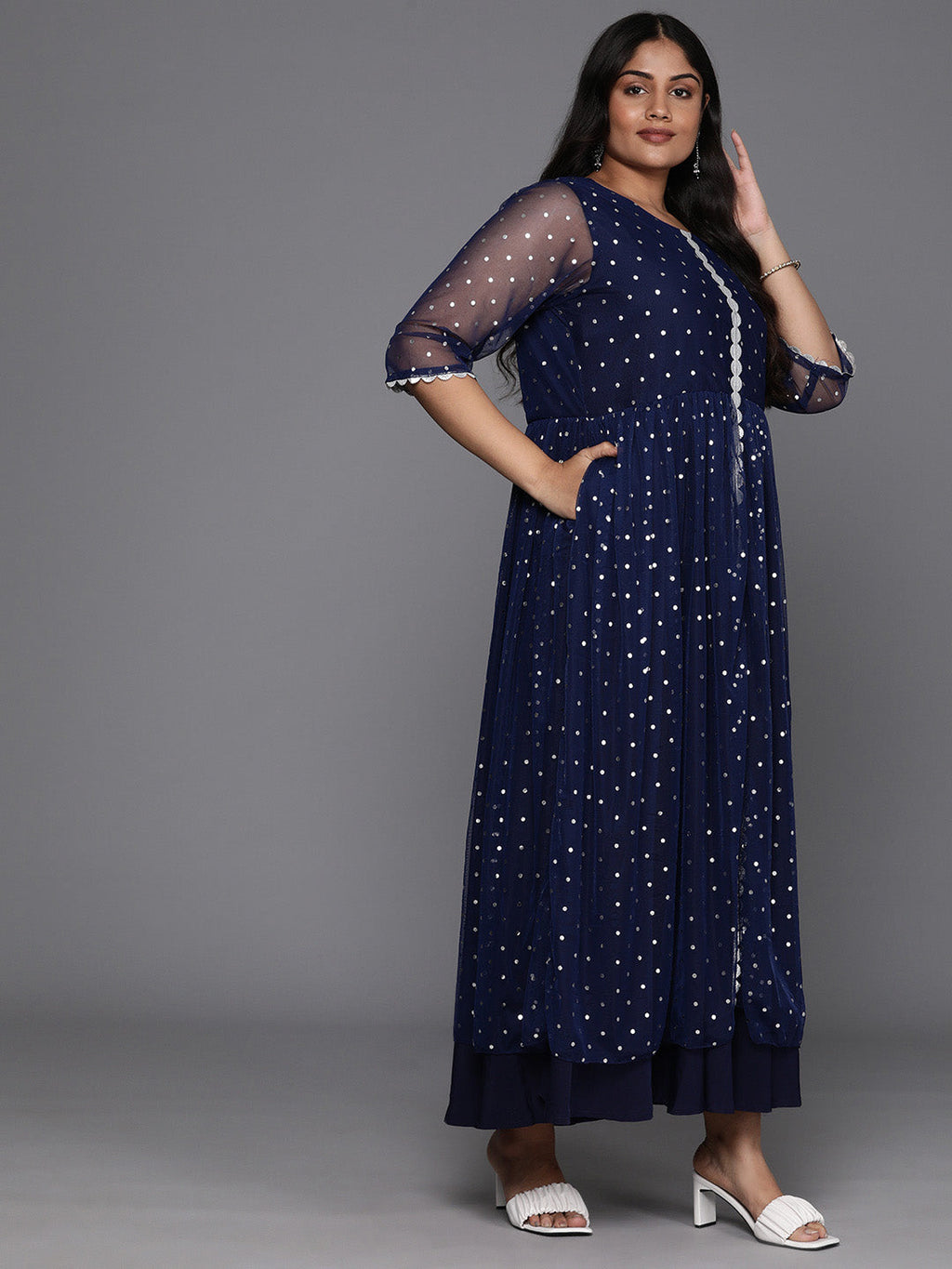 Plus Size Polka Dots Print A-Line Maxi Ethnic Dress-AH