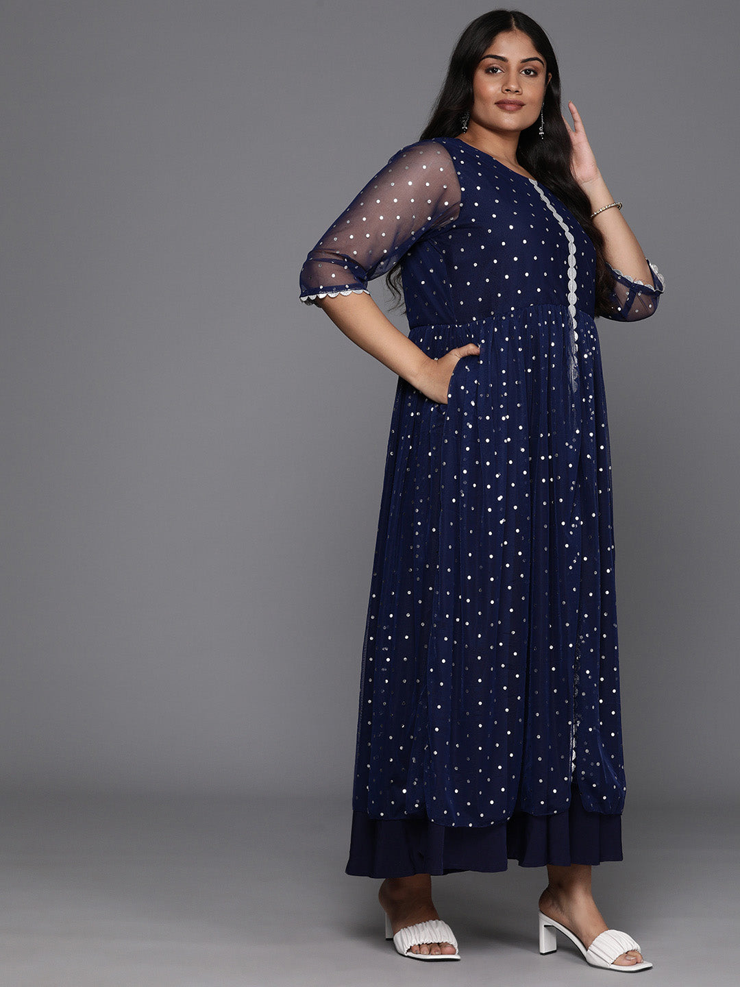 Plus Size Polka Dots Print A-Line Maxi Ethnic Dress-AH