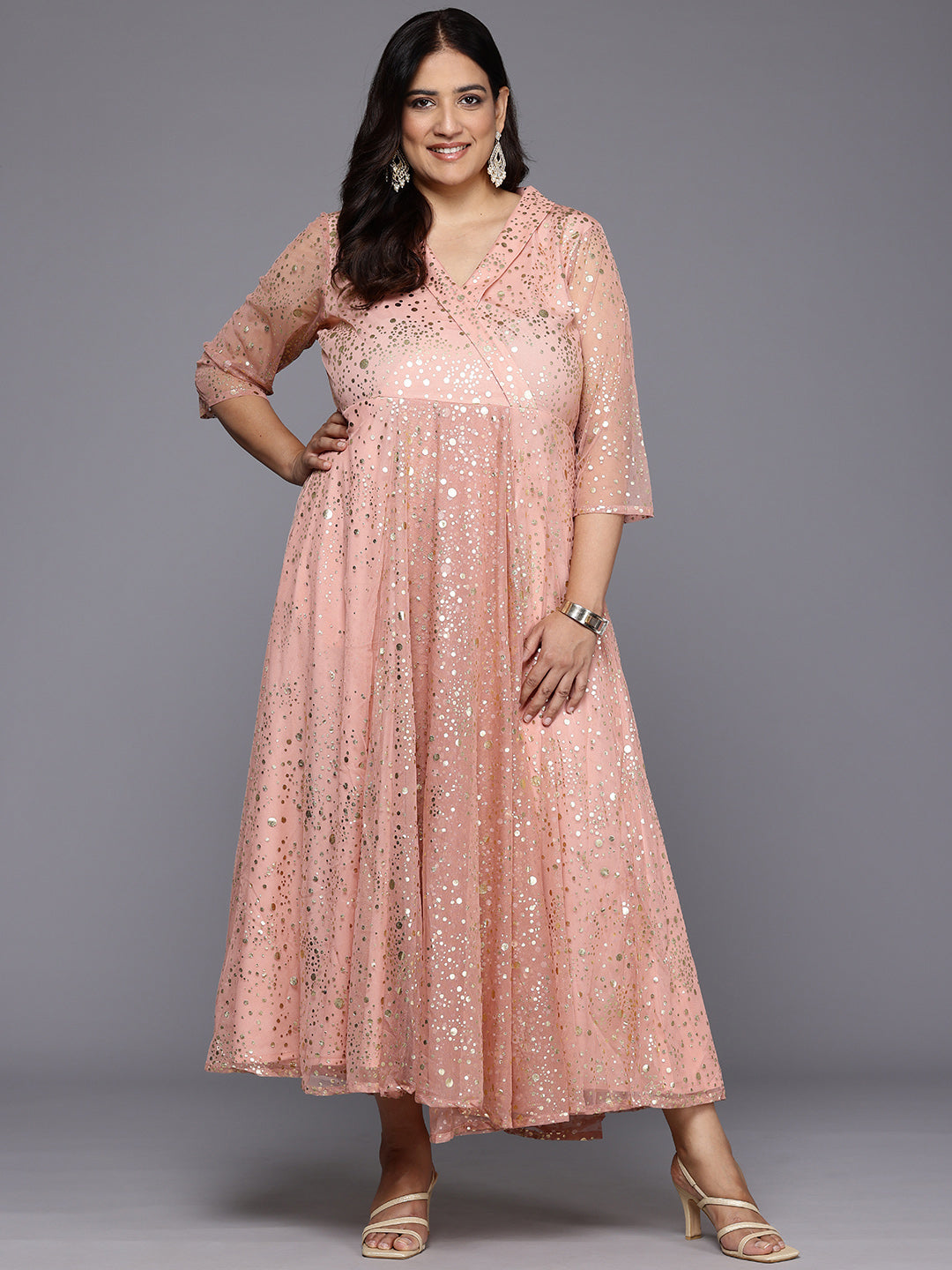 Plus Size Polka Dots Printed Net Maxi Ethnic Gown