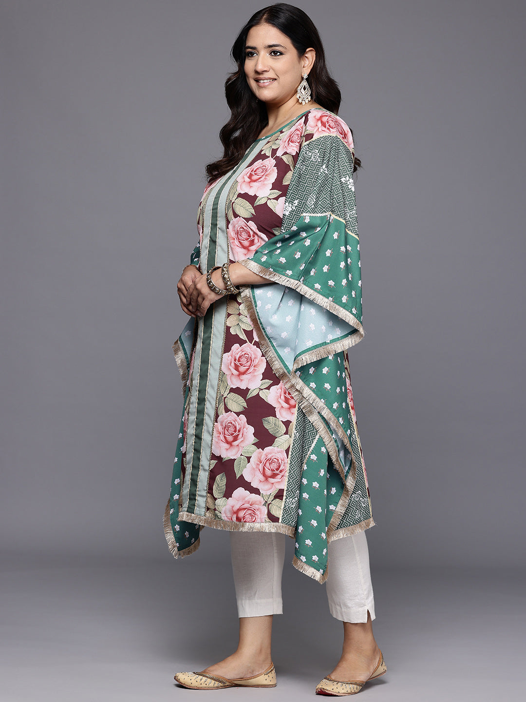 Plus Size Floral Printed Flared Sleeves Gotta Patti Crepe Kaftan Kurta