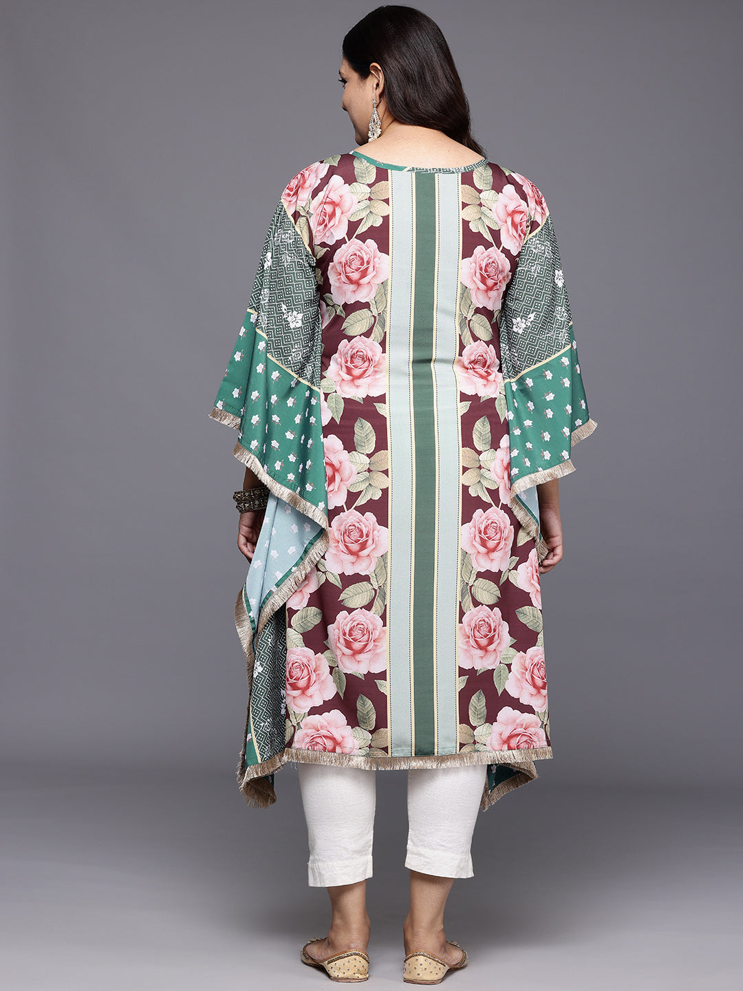 Plus Size Floral Printed Flared Sleeves Gotta Patti Crepe Kaftan Kurta