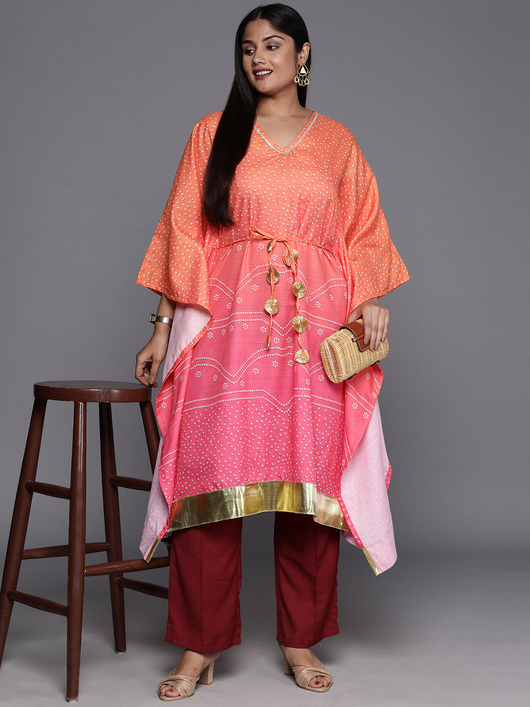 Plus Size Bandhani Printed Flared Sleeves Gotta Patti Kaftan Kurta