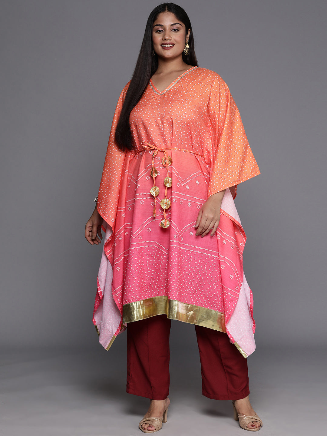 Plus Size Bandhani Printed Flared Sleeves Gotta Patti Kaftan Kurta