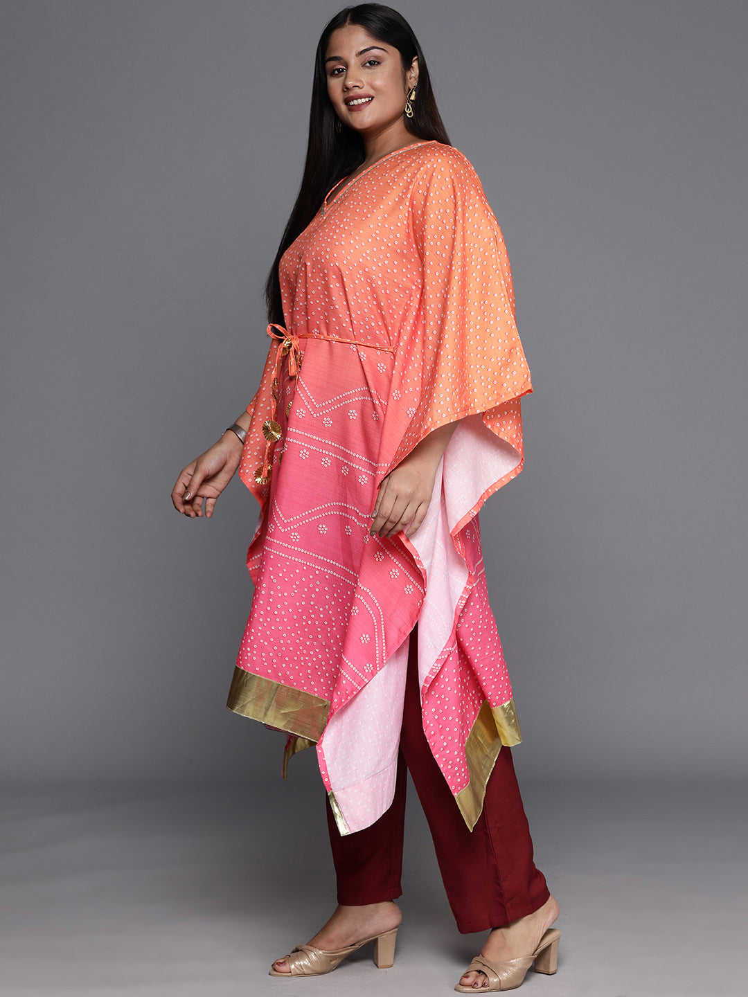 Plus Size Bandhani Printed Flared Sleeves Gotta Patti Kaftan Kurta