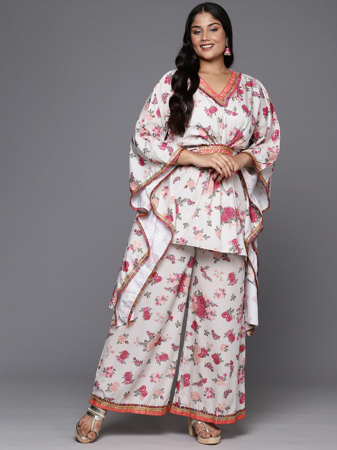 Plus Size Floral Printed Kaftan Gotta Patti Kurta with Palazzos