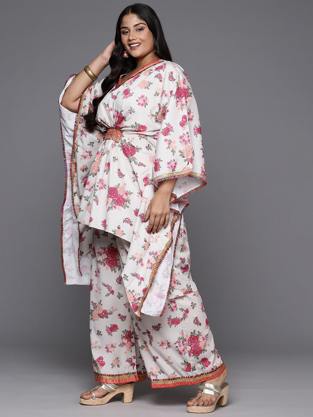 Plus Size Floral Printed Kaftan Gotta Patti Kurta with Palazzos