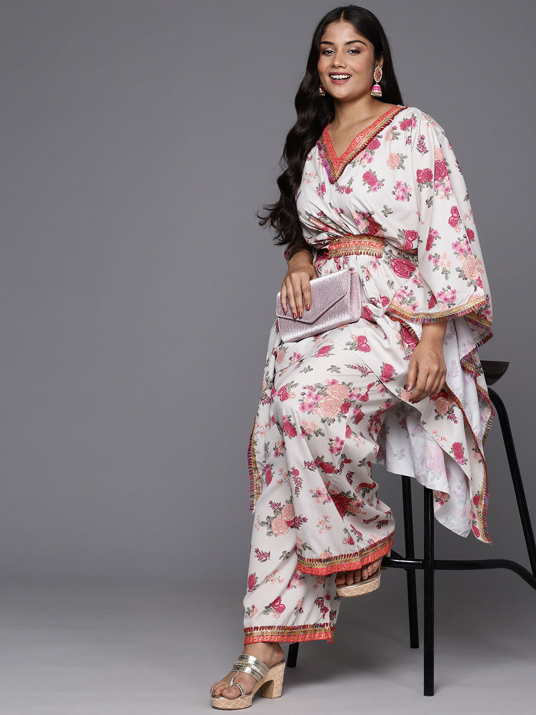 Plus Size Floral Printed Kaftan Gotta Patti Kurta with Palazzos