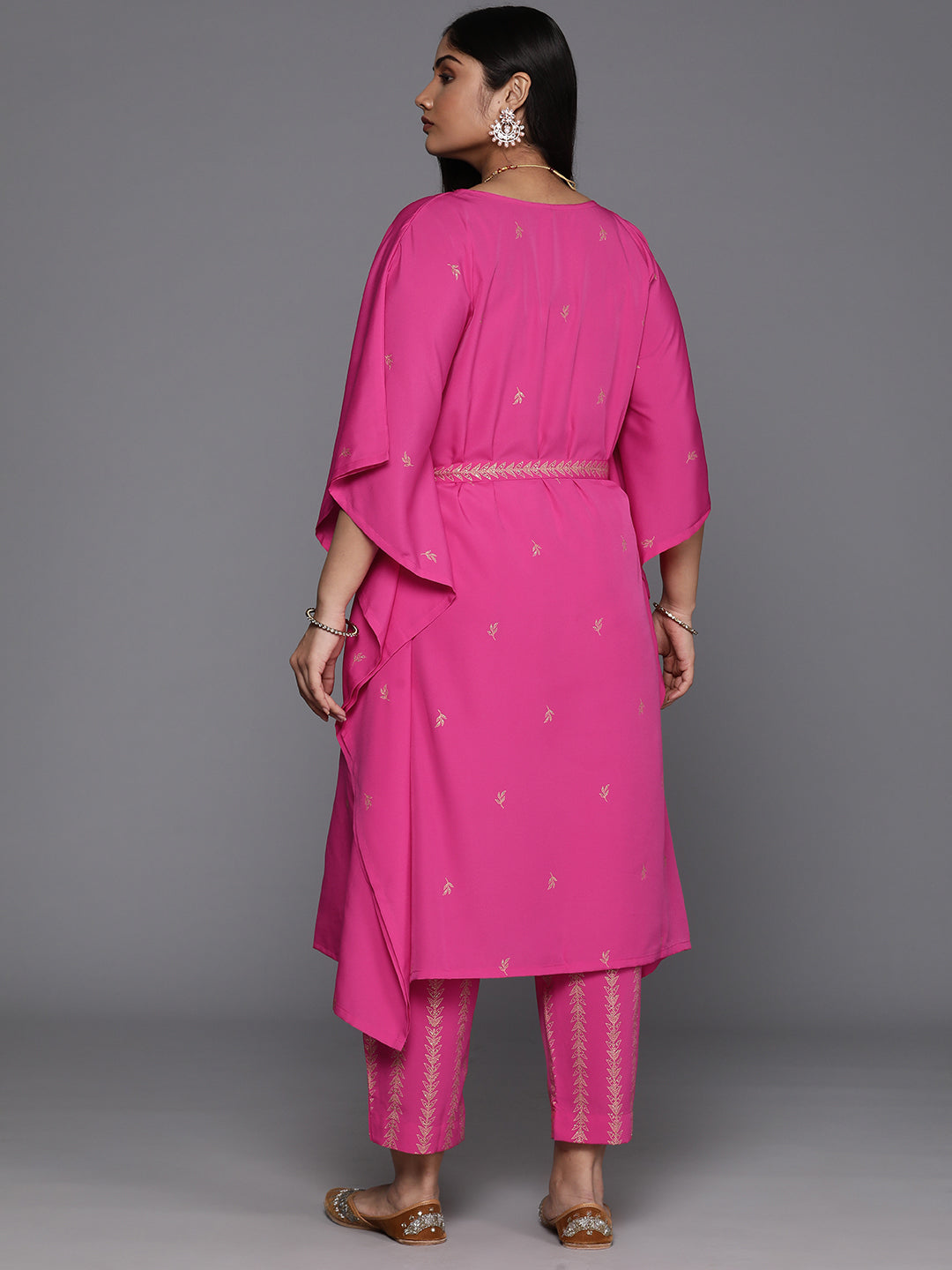 Plus Size Floral Printed Kaftan Fusion Kurta with Trousers & Belt