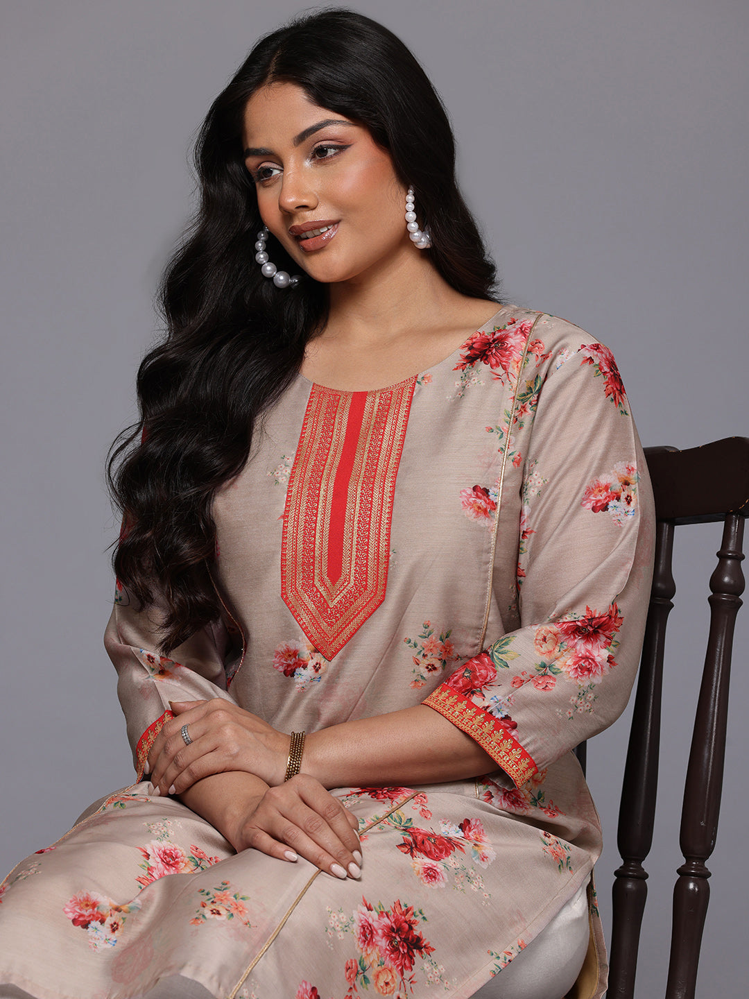A PLUS BY AHALYAA Plus Size Floral Printed Chanderi Silk Kurta-AH