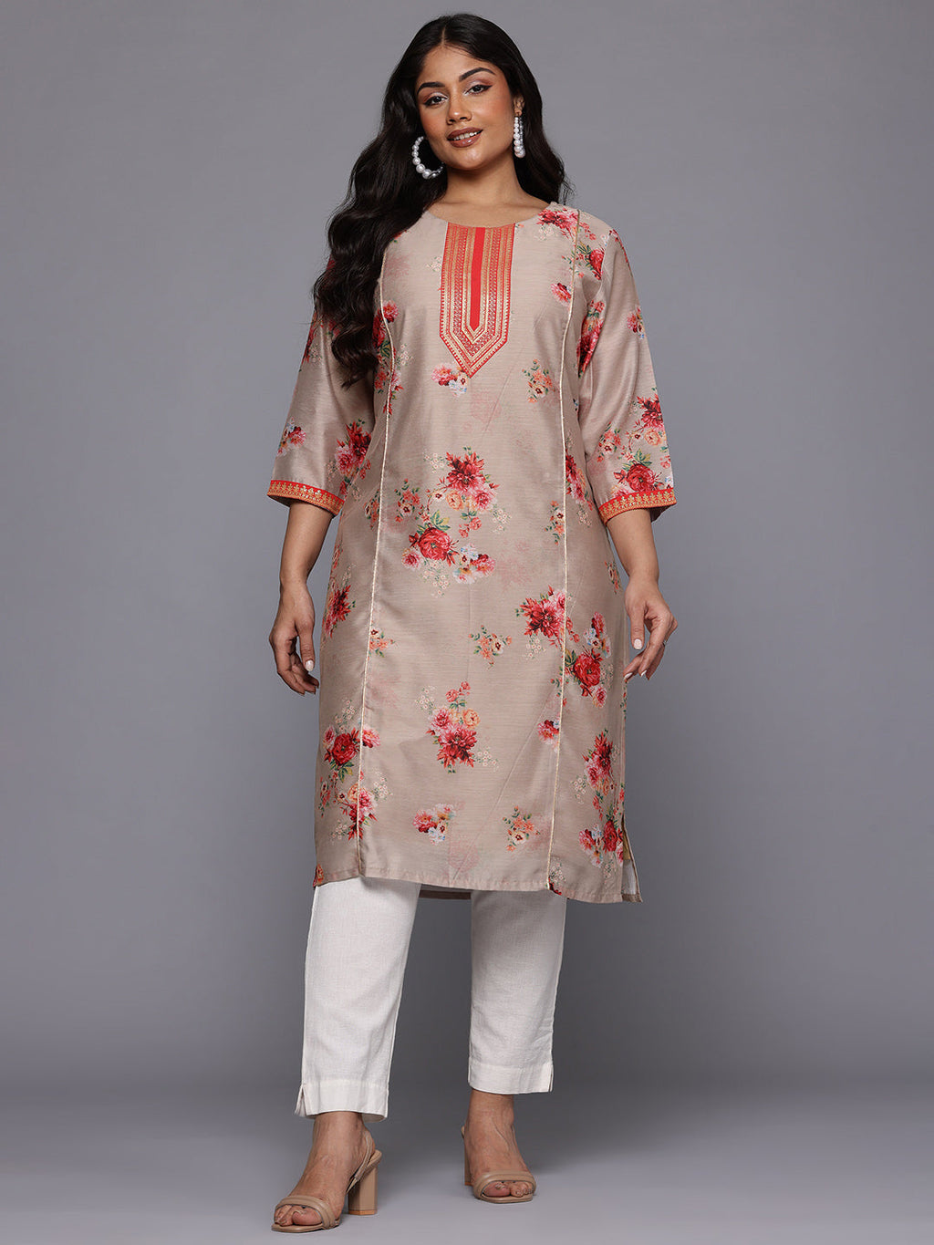 A PLUS BY AHALYAA Plus Size Floral Printed Chanderi Silk Kurta-AH