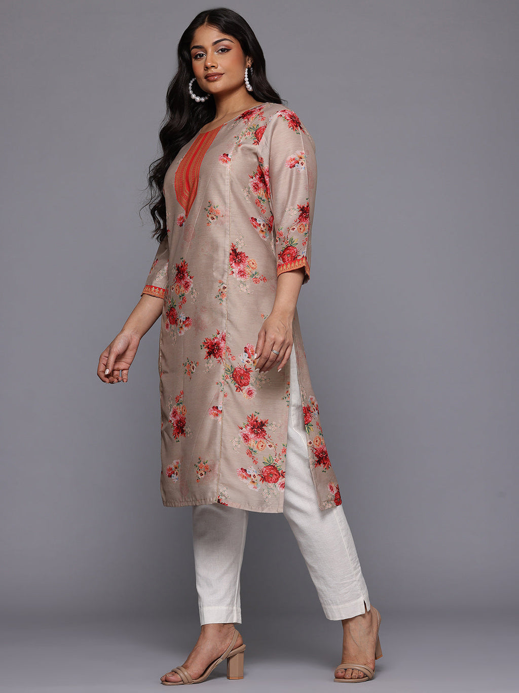 A PLUS BY AHALYAA Plus Size Floral Printed Chanderi Silk Kurta-AH