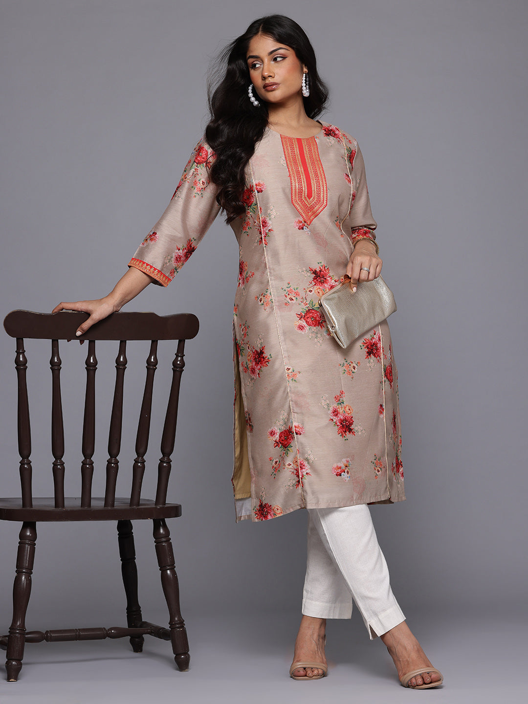 A PLUS BY AHALYAA Plus Size Floral Printed Chanderi Silk Kurta-AH