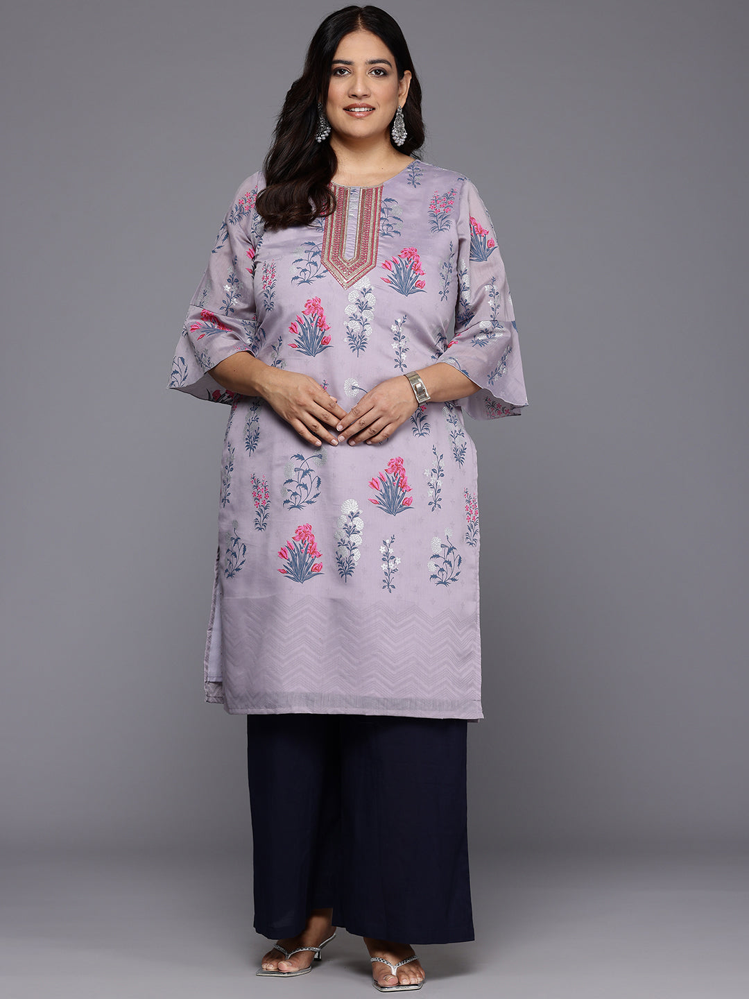 Plus Size Floral Printed Bell Sleeves Sequinned Chanderi Kurta