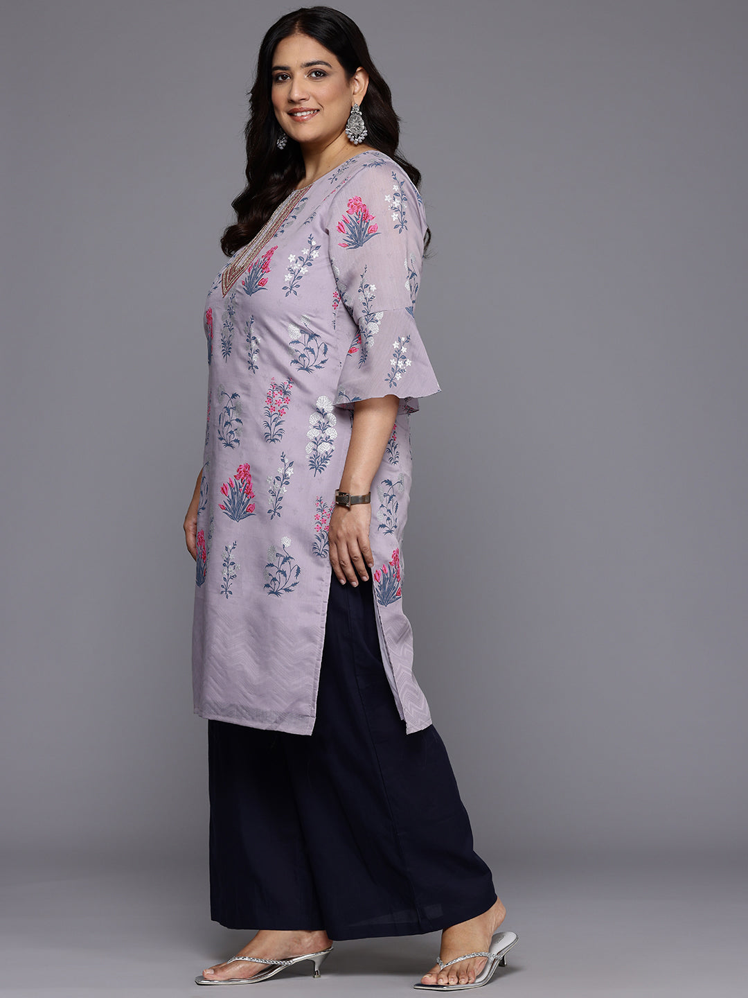 Plus Size Floral Printed Bell Sleeves Sequinned Chanderi Kurta