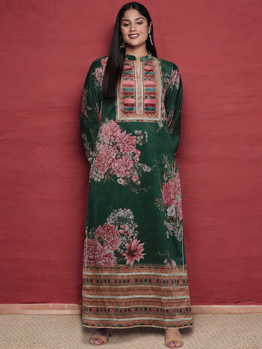 Floral Printed Mandarin Collar Sequinned Silk Kurta-AH
