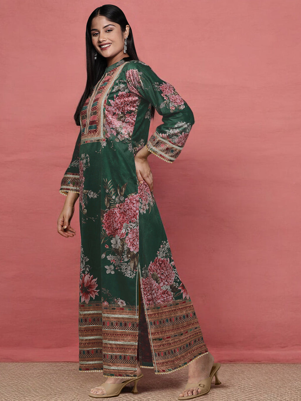 Floral Printed Mandarin Collar Sequinned Silk Kurta-AH