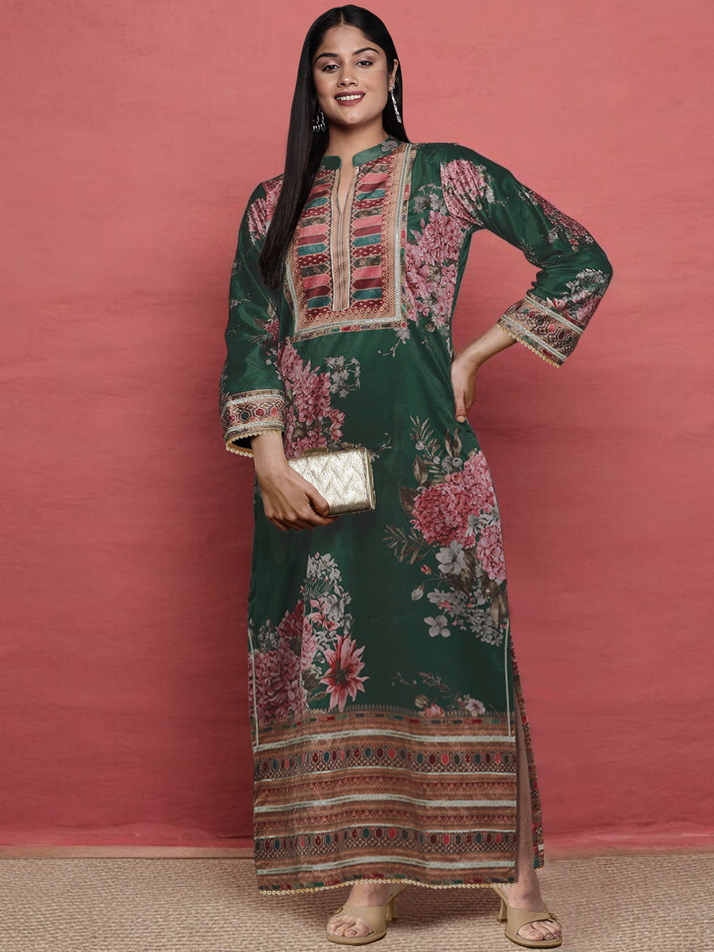 Floral Printed Mandarin Collar Sequinned Silk Kurta-AH