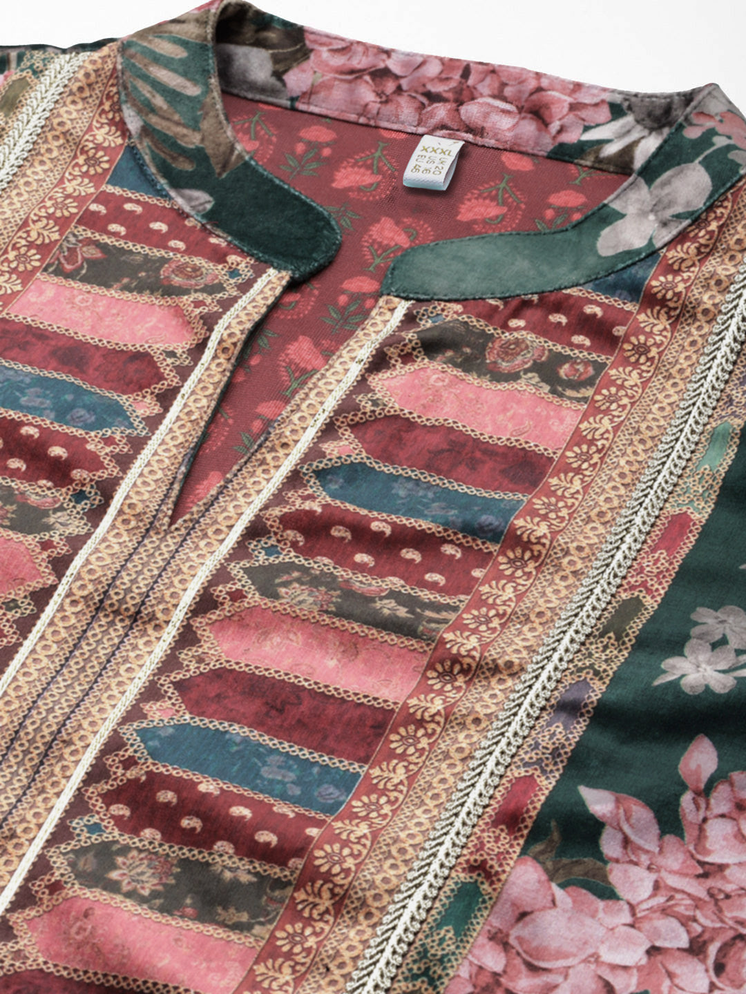 Floral Printed Mandarin Collar Sequinned Silk Kurta-AH