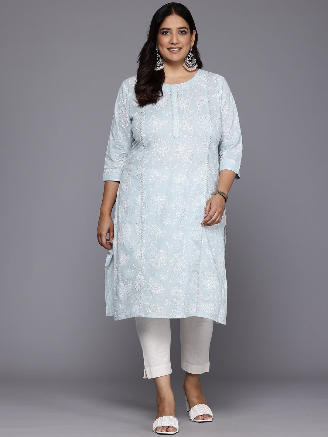 Plus Size Floral Printed Zari Pure Cotton Kurta