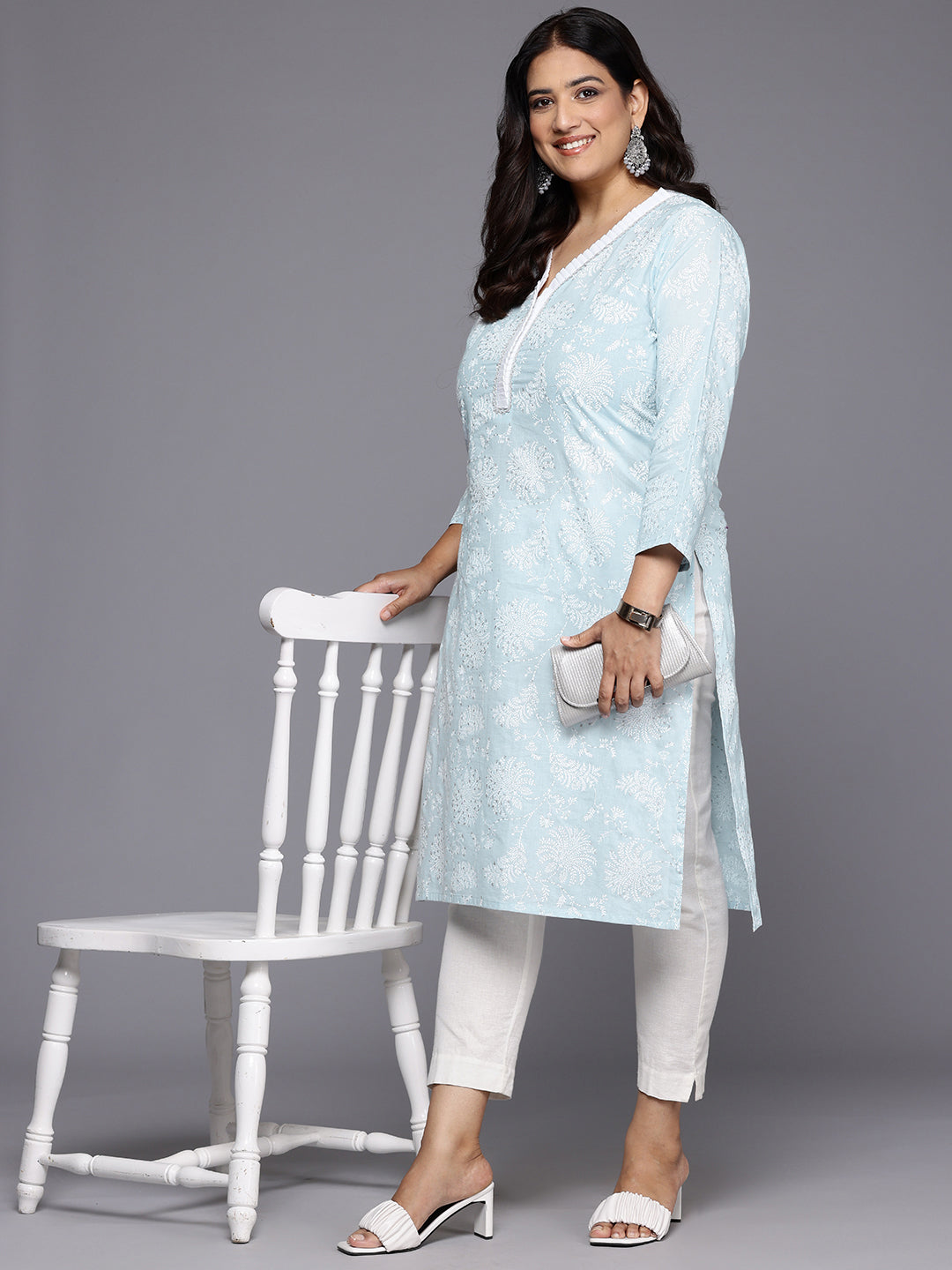 Plus Size Floral Printed Zari Pure Cotton Kurta