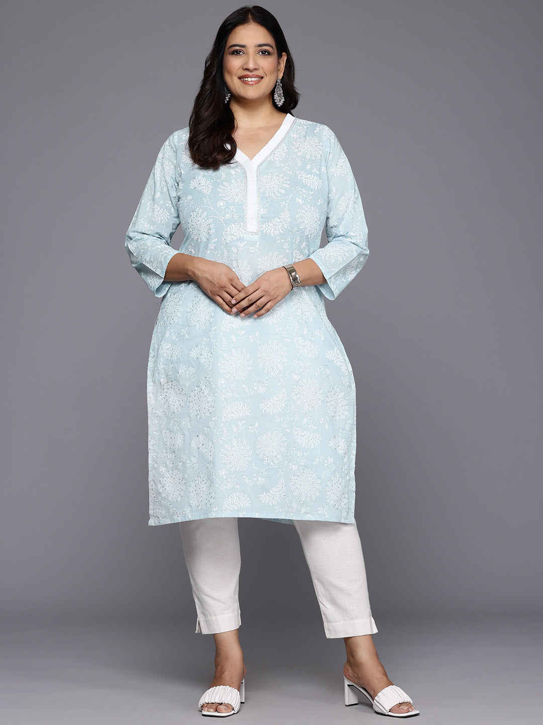 Plus Size Floral Printed Zari Pure Cotton Kurta